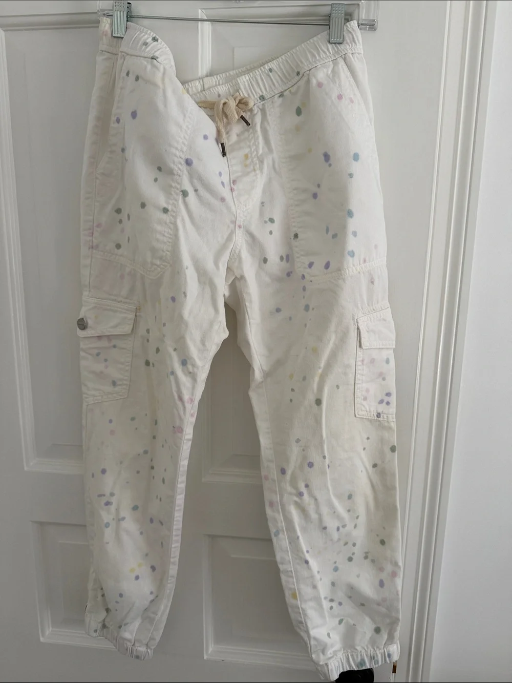 Sundry White Cargo Joggers with Pastel Paint Splatter